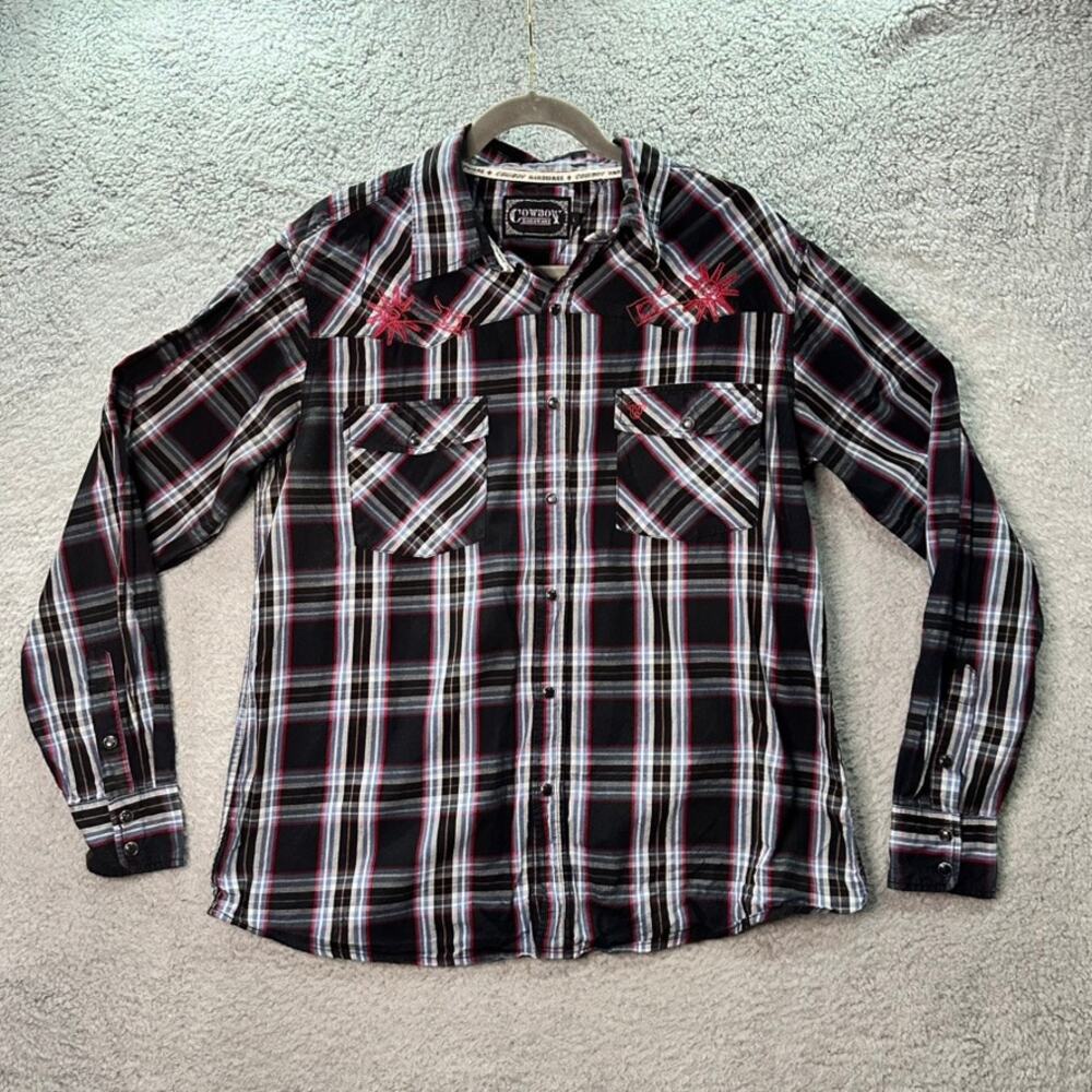 Cowboy‎ Hardware Men's Large Plaid Western Shirt Embroidery Pearl Snaps Rodeo